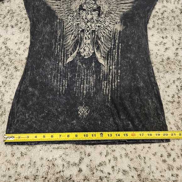LIPSTICK SZ L Biker Punk Goth V-Neck Long Sleeve Cross Wings Embellished Shirt - Picture 7 of 10